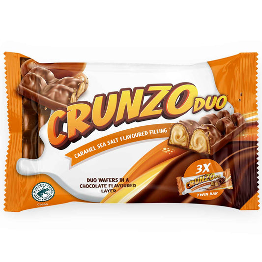 Crunzo Duo Schokoriegel 3er Pack – knusprige Waffel mit Karamell-Meersalz-Füllung in orange-weißer Verpackung