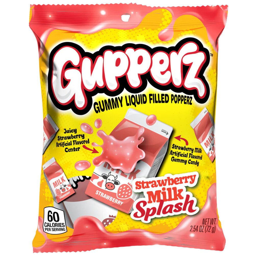 Gupperz Strawberry Milk Splash 72 g – gefüllte Gummibonbons mit flüssigem Erdbeer-Milch-Kern